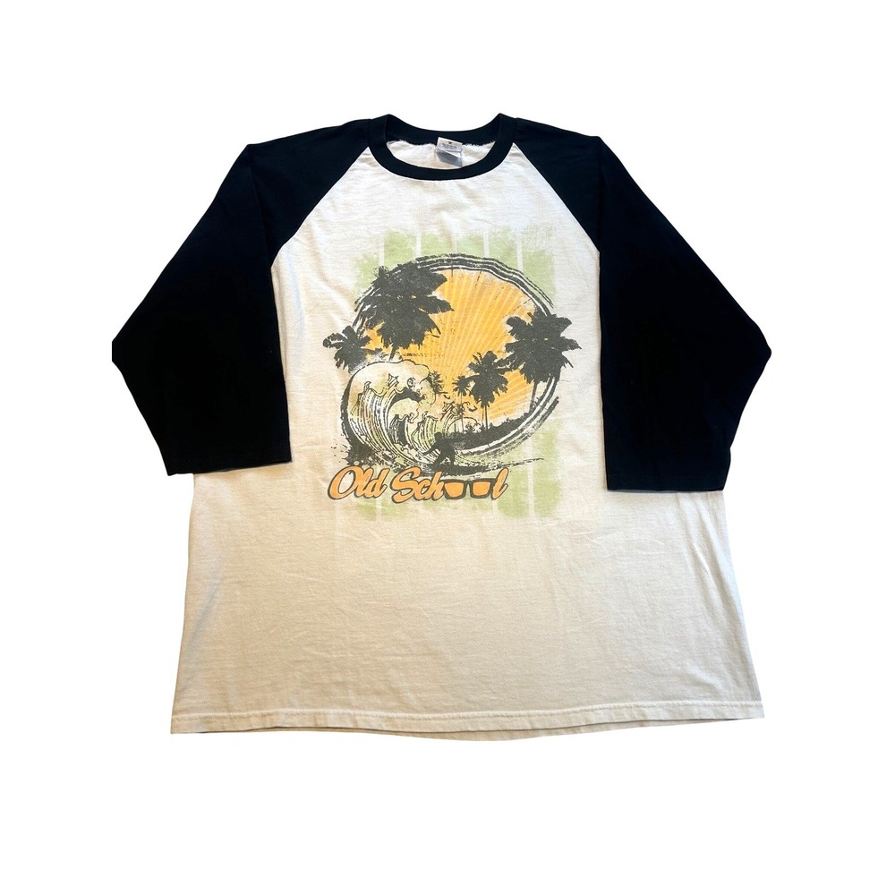 Anvil Mens XL Raglan Baseball Tee Old School Surf Graphic Wicks 10 Black White